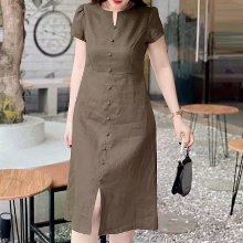 ZANZEA Women's Dresses Vintage Front Split Solid O Neck Short Sleeve Dress